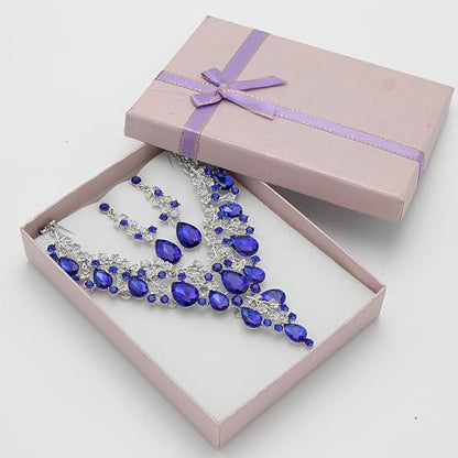 Bridal Bridesmaid Austrian Crystal Jewelry Set, Floarl rhinestone Statement Neckace Teardrop Necklace Drop Dangle Earrings Set - color: Royal Blue -Silver Tone