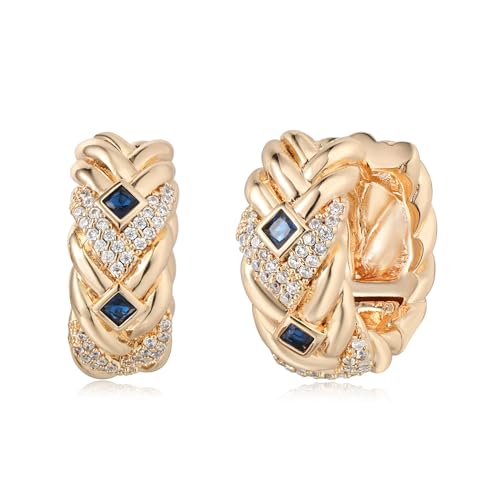 Gold Hoop Earrings for Women, 14K Gold Plated Cubic Zirconia Chunky Huggie Earrings, Vintage Jewelry for Gifts - color: Twisted Retro-Blue