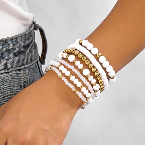 FORUBUS 7Pcs Bohemian Multilayer Stackable Beaded Bracelets Set for Women, Crystal Glass Gold CCB Beads Stretch Bracelet Pack, Summer Beach Boho Jewelry Vacation Gifts - color: White
