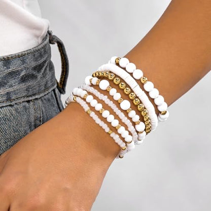 FORUBUS 7Pcs Bohemian Multilayer Stackable Beaded Bracelets Set for Women, Crystal Glass Gold CCB Beads Stretch Bracelet Pack, Summer Beach Boho Jewelry Vacation Gifts - color: White
