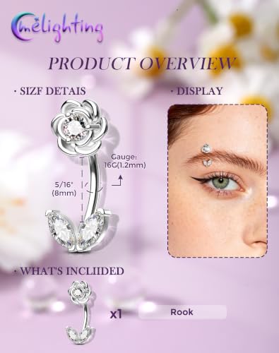 Melighting 16G Flower Rook Piercing Jewelry Marquise Stainless Steel 316L | Delicate Floral Leaf Design, 5A Grade Cubic Zircon, Dainty Eyebrow Piercing - color: Steel, size: 16g8mm
