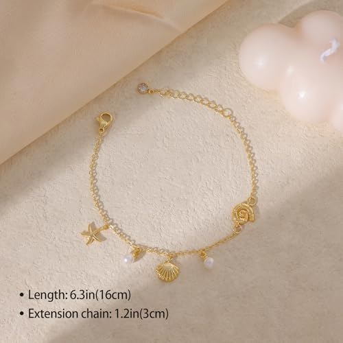 Gold Bracelets for Women, Dainty Friendship Charm Bracelet 14K Gold Plated Summer Shell Starfish Pearl Bracelet Cute Heart Charm Bracelets for Women Trendy Non Tarnish Beach Jewelry Gifts - color: Gold-Shell