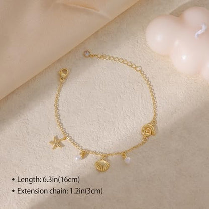 Gold Bracelets for Women, Dainty Friendship Charm Bracelet 14K Gold Plated Summer Shell Starfish Pearl Bracelet Cute Heart Charm Bracelets for Women Trendy Non Tarnish Beach Jewelry Gifts - color: Gold-Shell