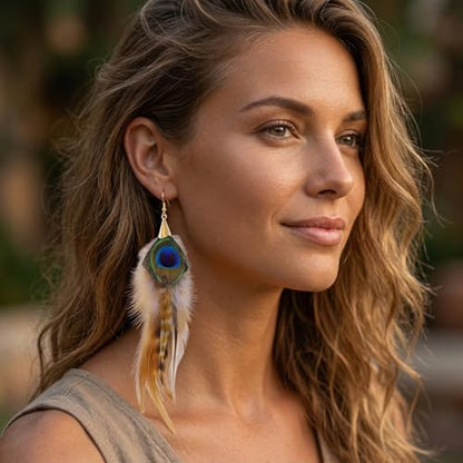 Long Peacock Feather Earrings for Women Boho Dangle | Lightweight vintage statement jewelry ensuring comfortable daily wear.