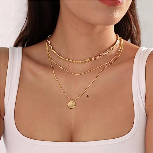 ASCOMY Layered Necklaces for Women Dainty Gold Necklace 14K Gold Plated Herringbone Necklace for Women Pearl Cross Necklace Paperclip Cuban Figaro Rope Satellite Chain Gold Choker Trendy Jewelry Gift - style: 3Layered Cuban Bar Coin-GD