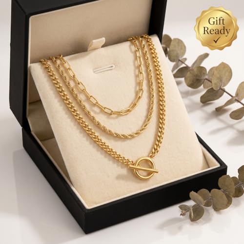 Gold Plated Layered Chain Necklace for Women - 33cm 38cm 45cm Paperclip Rope Curb Chain with Toggle Clasp, Waterproof Gold Bar Necklaces for Women Trendy Jewelry Set