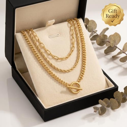 Gold Plated Layered Chain Necklace for Women - 33cm 38cm 45cm Paperclip Rope Curb Chain with Toggle Clasp, Waterproof Gold Bar Necklaces for Women Trendy Jewelry Set