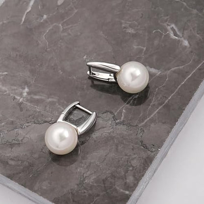 925 Sterling Silver Hoop Handpicked AAA+ Quality 7.5-8mm White Freshwater Cultured Pearl Dangle Drop Earrings Jewelry for Women - color: 7. Silver Plated Barrel