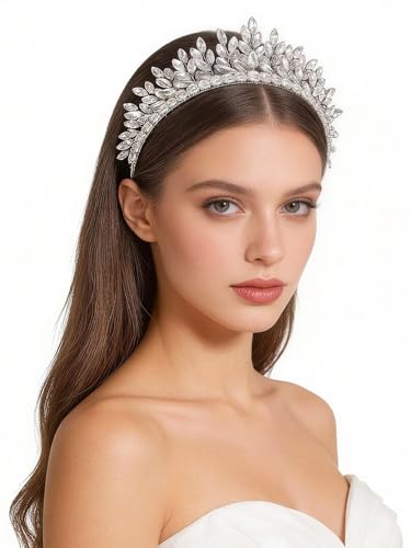 Bridal Rhinestone Headband Wedding Hair Accessories for Women, Pearl Crystal Headband Wedding Costume Headpieces for Brides Princess Quinceanera Christmas Party Prom Birthday(Silver) - color: Silver