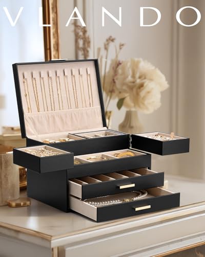VLANDO Jewelry Box,4-Layer Design with Retractable Tray and 2 Drawers, Black - color: E.Black, size: 4-Layer