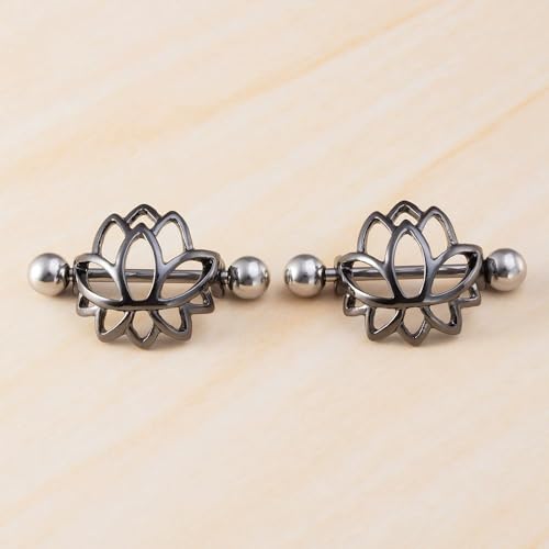 14G Stainless Steel Lotus Nipple Rings for Women Silver Black Colorful Flower Floral Nipple Shield Ring Straight Bar Nipplerings Nipple Barbell Body Piercing Jewelry - color: Black