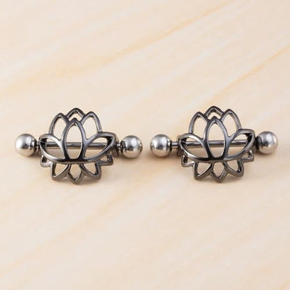 14G Stainless Steel Lotus Nipple Rings for Women Silver Black Colorful Flower Floral Nipple Shield Ring Straight Bar Nipplerings Nipple Barbell Body Piercing Jewelry - color: Black