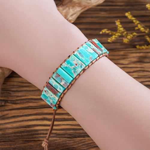 Plumiss Women Boho Handmade Natural Stone Crystal Leather Bead Wrap Bracelets Collection - style: Blue Agalmatolite 1W