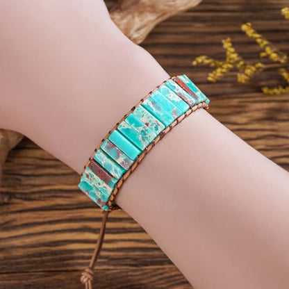 Plumiss Women Boho Handmade Natural Stone Crystal Leather Bead Wrap Bracelets Collection - style: Blue Agalmatolite 1W