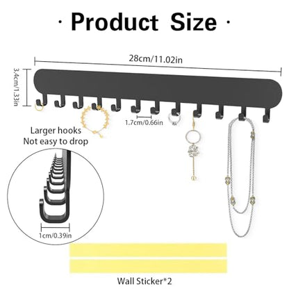 Necklace Holder - Wall Hanging Jewelry Organizer | Self-Adhesive Wall Mounted for Necklaces, Bracelets, 2 Pack, Black - color: Black-12 Hooks