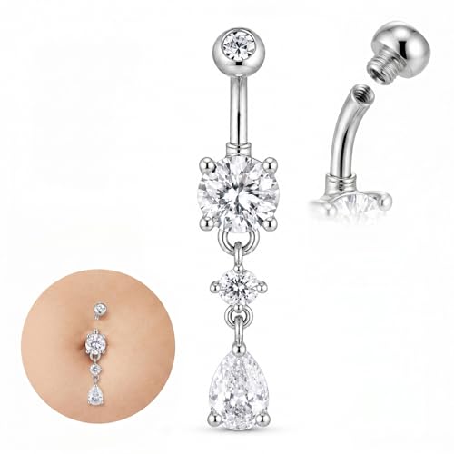 Titanium Belly Button Ring, 14G Internally Dangle Belly Ring for Women | Surgical Steel 316L, Teardrop Shiny CZ Belly Belly Piercing Jewelry