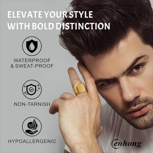 Men's Stainless Steel Square Biker Signet Ring, Black Silver Gold Styles | plain flat top, polished and brushed finish options, chunky profile, pinky or thumb styling, gift-ready for dad or him - color: Gold