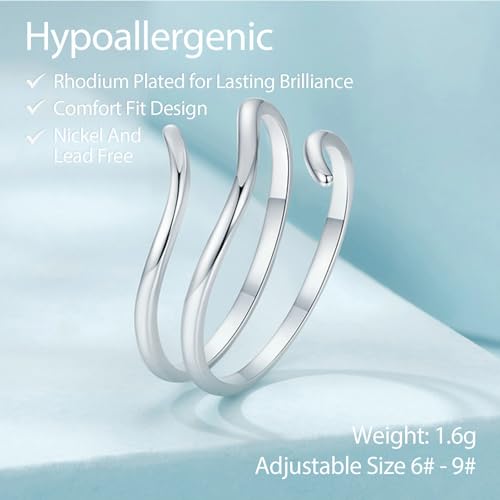 Silver Open Adjustable Stacking Rings for Women, Minimalist Wrap Band Set, Geometric/Heart/Wave/Leaf/Spiral Styles, Hypoallergenic, Gift Box Included, Thumb Ring Option - color: Simple Lines