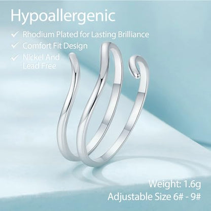 Silver Open Adjustable Stacking Rings for Women, Minimalist Wrap Band Set, Geometric/Heart/Wave/Leaf/Spiral Styles, Hypoallergenic, Gift Box Included, Thumb Ring Option - color: Simple Lines
