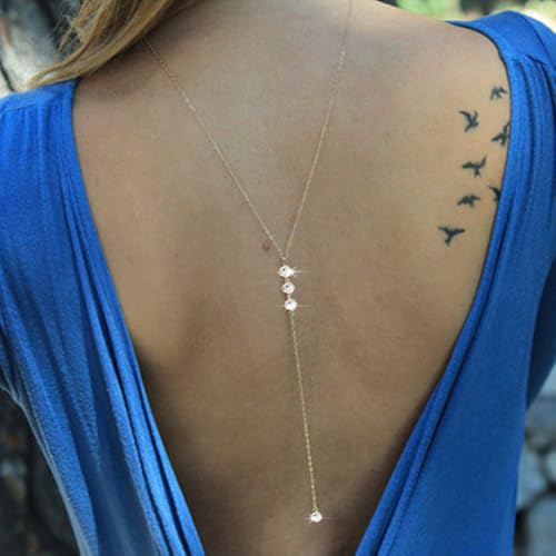 Rhinestone Back Chain Bridal Backdrop Necklace Chain for Backless Dress | Women Open Back Necklace, Summer Back Body Jewelry - color: Gold