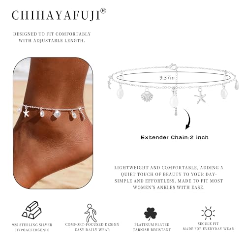 Sterling Silver Ankle Bracelets for Women 14k Gold Plated Waterproof Dainty Layered Stackable Seashell Pearl Charm Non Tarnish Adjustable Anklet for Summer Beach Jewelry Gift - color: Silver3