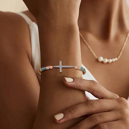 BROCC 9PCS Cross Christian Bracelets for Women | Christian Inspirational,Adjustable 4MM Beaded,Healing Natural Stone,Confirmation Baptism Easter Gifts - color: B
