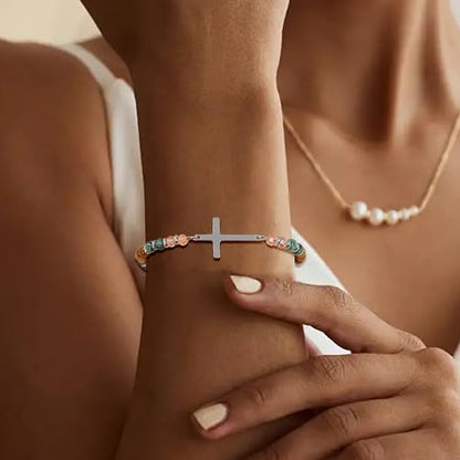 BROCC 9PCS Cross Christian Bracelets for Women | Christian Inspirational,Adjustable 4MM Beaded,Healing Natural Stone,Confirmation Baptism Easter Gifts - color: B