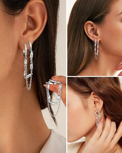Tassel Chain Small Gold Hoop Dangle Earring For Women Huggie Earring Heart Star CZ 14K Gold Plated Fashion Jewelry Graduation Gift for Her Mothers Day Gifts for Mom - color: Double-Rectangle-Silver