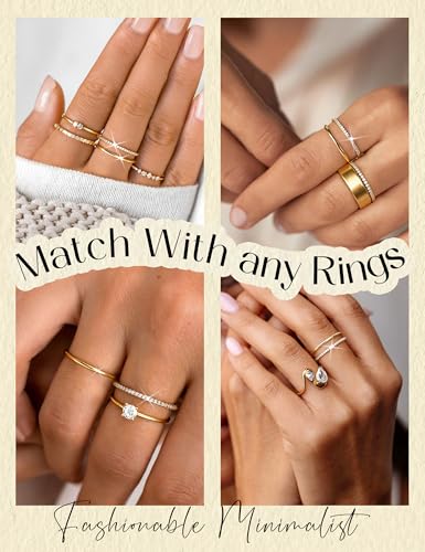 MILACOLATO 2Pcs Solid 925 Sterling Silver Rings for Women 1.3mm Thin Non Tarnish White Gold Plated Plain Thumb Stackable Rings Half Cubic Zirconia Wedding Eternity Band Rings Size 5-10 - color: 14K Gold Plated