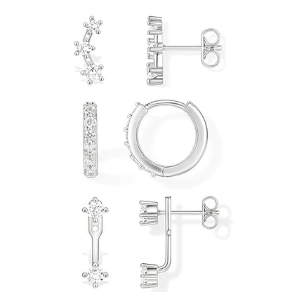 BG&WLing 3 Pairs Earring Set with Huggie Hoops Jacket Crawler Stud | Hypoallergenic, Cubic Zirconia, Huggie Hoops, Ear Climber Design, Earrings Jacket, Multi-Pierce Stack, Women's Jewelry - color: Silver