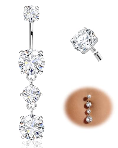 Tungary G23 Titanium Belly Button Rings for Women 14G Internally Threaded | Hypoallergenic Long Navel Piercing Jewelry, 3/8" Implant Grade Dangle Belly Button Piercing, 5A CZ, with Vacuum PVD Finish - color: Dangling: Titanium Silver