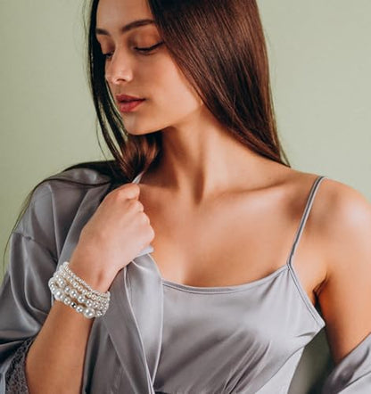 4Pcs Pearl Bracelet Stack, Fake White Pearl Bracelets for Women Dainty Beaded Jewelry Imitation Pearls, Stackable & Multilayered, Perfect for Bridesmaids, Silver & White