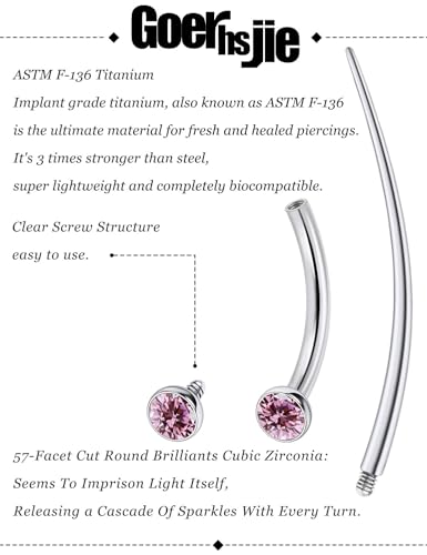 F136 Titanium 16g 6/8/10mm Eyebrow/Rook/Snug/Vertical-Labret/VCH/Snake-Eyes/Anti-Tragus/Christina/Daith/Belly-Button/Bridge/Hood/Surface Curved Barbell Piercing Jewelry for Women Men - color: Pink, size: 10 mm (3/8 in)