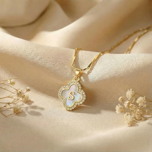 LETFLY 14K Four Leaf Clover Natural Shells Initial A-Z Necklaces for Women - color: Gold, style: Letter S