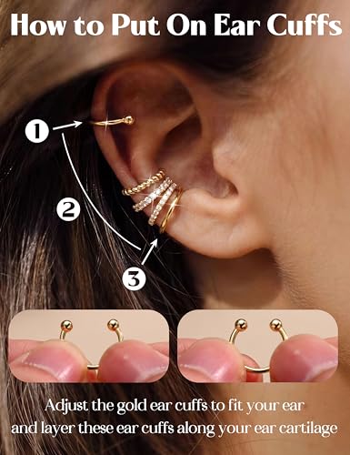 LOLIAS 925 Sterling Silver Ear Cuffs Non Piercing - 14K Gold Plated Ear Cuff Earrings for Women Adjustable Clip on Cartialge Earrings Non Pierced Fake Earring Stacks - color: 14K Gold-CZ Double Hoop