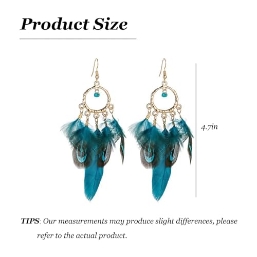 Feather Earrings for Women Boho Jewelry Peacock Feather Long Brown Light weight Western Earrings - color: A2:blue feather earrings