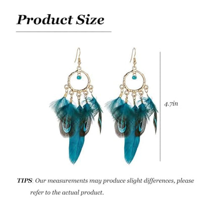 Feather Earrings for Women Boho Jewelry Peacock Feather Long Brown Light weight Western Earrings - color: A2:blue feather earrings
