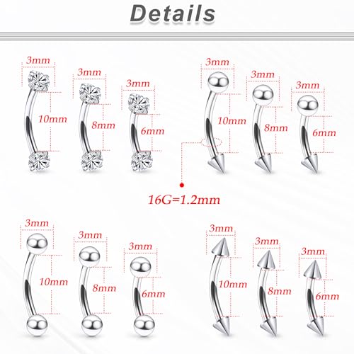 16G Eyebrow Rings Rook Piercing Jewelry 316L Surgical Steel Curved Barbells Vertical Lip labret Snake Eyes Piercing Jewelry Tongue Small Belly Ring 6mm 8mm 10mm Silver Black Gold - color: Silver