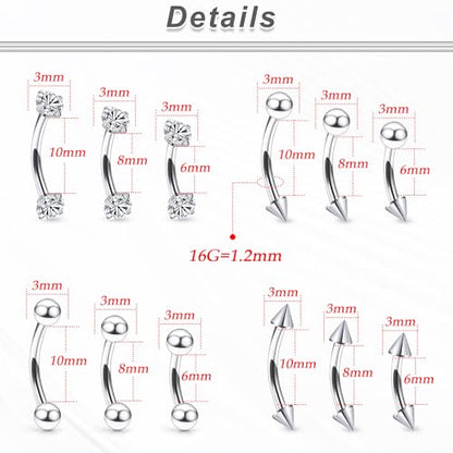 16G Eyebrow Rings Rook Piercing Jewelry 316L Surgical Steel Curved Barbells Vertical Lip labret Snake Eyes Piercing Jewelry Tongue Small Belly Ring 6mm 8mm 10mm Silver Black Gold - color: Silver