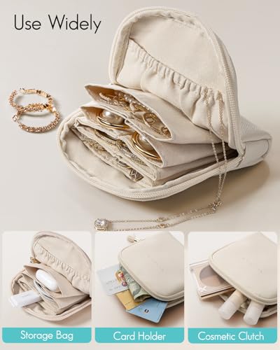 VLANDO Small Travel Jewelry Case,Velvet Pouch Bags with Zipper,Beige | Travel Essentials,PU Leather Organizer with 5 Divided Sections,Carry-On Totes,Gift for Birthday,Bride,Bridesmaid,Women,Girls - color: C.Beige