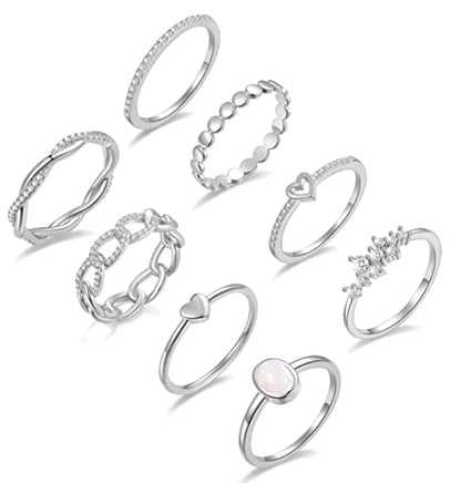PLOMFOV 14K Gold/Silver Plated Stacking Rings Set for Women Non Tarnish CZ Heart Simple Cute Stackable Rings Dainty Trendy Gold Statement Rings Plain Band Size 4-12 - color: Silver Tone