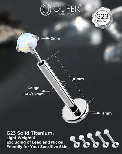 OUFER 2PCS 16G/20G Nose Lip Studs, G23 Solid Titanium Threadless Push in Nose Nostril Lip Labret Medusa Monroe Helix Cartilage Tragus Conch Lobe Piercing Jewelry for Women Men - color: Silver bar, Claw Opal, size: 2pcs, 16g 10mm, 1.5mm Opal