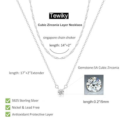 Tewiky Dainty 14k Gold Plated/Silver Cubic Zirconia Necklaces for Women | Simple CZ Jewelry Necklaces Trendy Gifts - color: sterling silver layer CZ