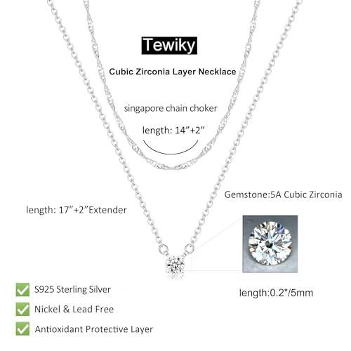 Tewiky Dainty 14k Gold Plated/Silver Cubic Zirconia Necklaces for Women, Simple CZ Jewelry Necklaces Trendy Gifts - color: sterling silver layer CZ