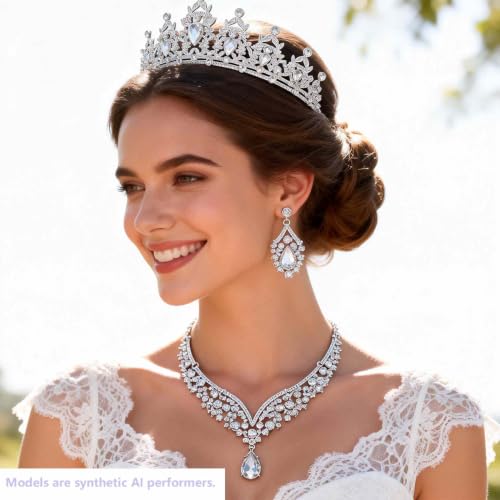 Kamirola Bridal Wedding Tiara Crown Jewelry Set for Women/Brides/Bridesmaids Crystal Jewelry Set for Wedding Prom Party Bridal Crystal Necklace Earrings Bracelet Set(TR60) - color: Silver