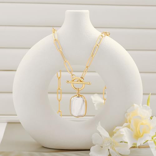SOFYBJA Saint Benedict Necklace Drop 18K Gold Toggle Medallion Coin Cross Pendant Necklaces Religious Jewelry Catholic Gift for Women - color: Gold Square Baroque Pearl Pendant Necklace