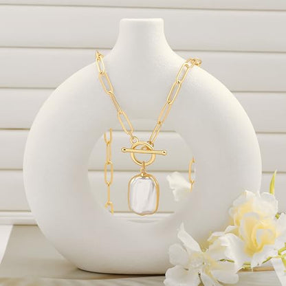 SOFYBJA Saint Benedict Necklace Drop 18K Gold Toggle Medallion Coin Cross Pendant Necklaces Religious Jewelry Catholic Gift for Women - color: Gold Square Baroque Pearl Pendant Necklace