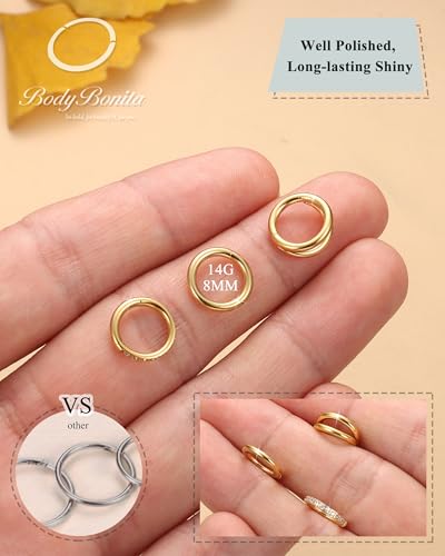 BodyBonita 3pcs Nose Rings Hoops - Double Hoop Nose Ring 14/16/18/20G Hinged CZ Piercing Jewelry Septum Clicker Rings Cartilage Earring Helix Rook Tragus Daith 7mm/8mm/9mm/10mm - color: 14K Gold Plated, size: 14 gauge(1.6mm)-8mm