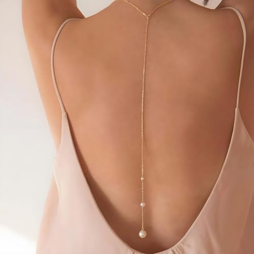Back Necklace with Rhinestone Pearl Pendant Back Body Chain for Backless Dress Bridal Wedding Backdrop Necklace Crystal Simple Waist Body Jewelry for Women - color: A5:Pearl back necklace