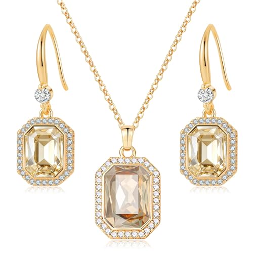 EVEVIC Octagon Austrian Crystal Necklace and Earrings Jewelry Set for Women | 14K Gold-Plated,Octagon-Cut Crystal with CZ Halo Shine,Adjustable Chain Fit,Elegant Sets for Weddings and Galas,Gift Box - color: Light Topaz